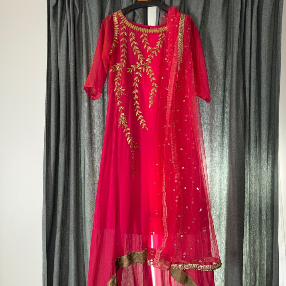 Pakistani Festive Wear Coral and Gold High Low Salwar with matching dupatta